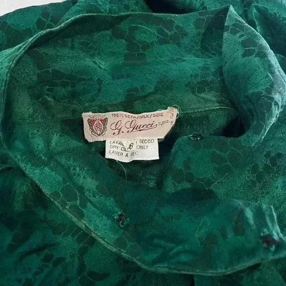 Gucci Emerald Green Silk Jacquard Blouse Size Medium GG Logo Print Ruffle Blouse - Picture 4 of 8